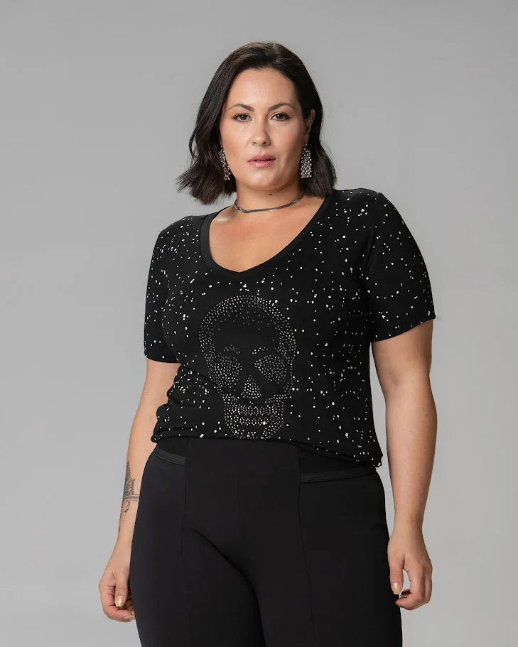 T-Shirt Caveira Poá Strass - Divina Garota