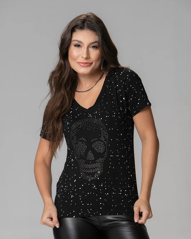 T-Shirt Caveira Poá Strass - Divina Garota