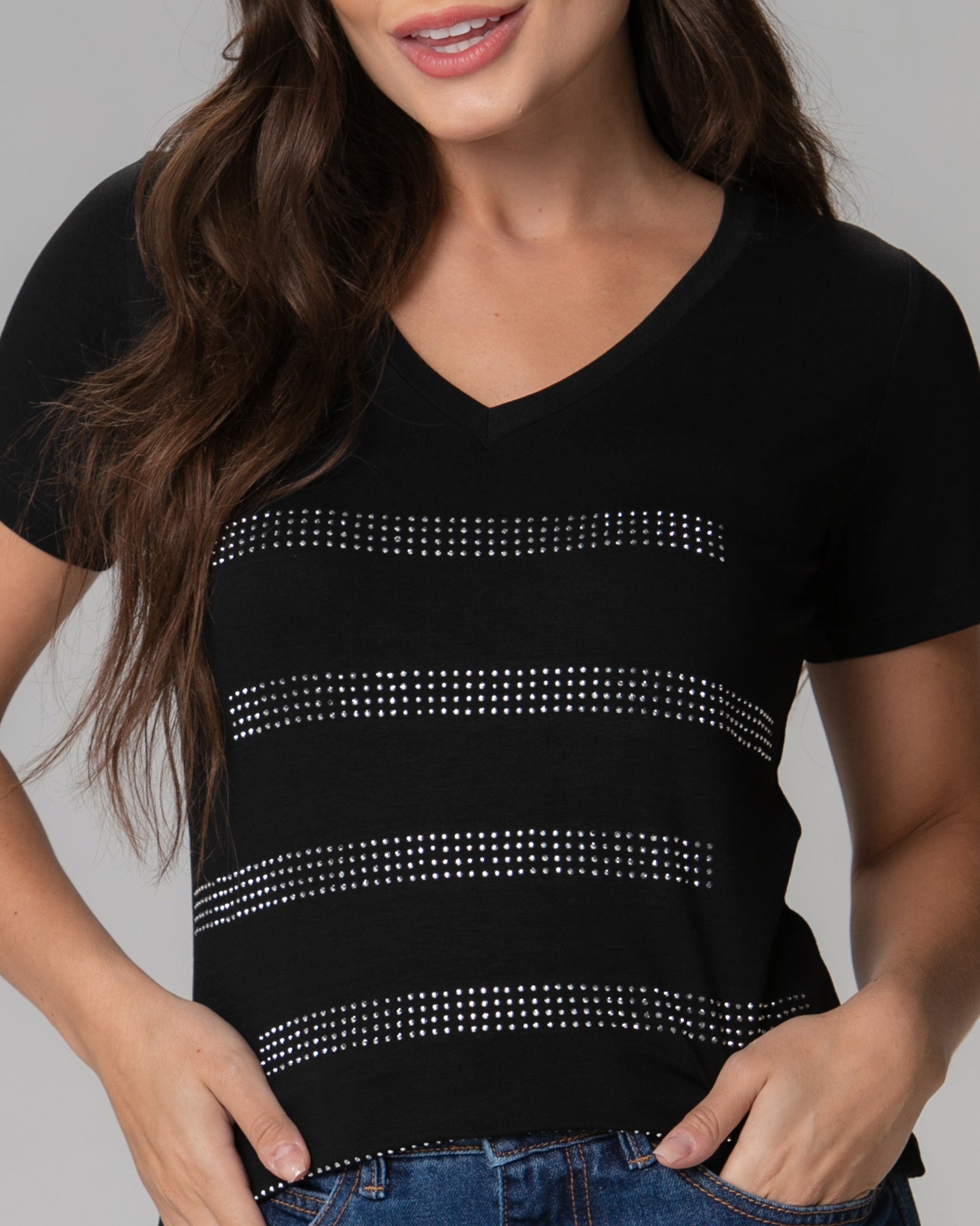 T-Shirt Listras Strass - Divina Garota