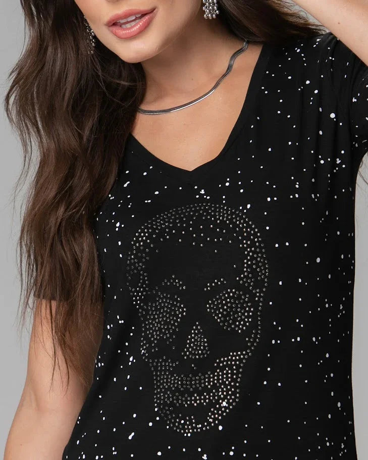 T-Shirt Caveira Poá Strass - Divina Garota