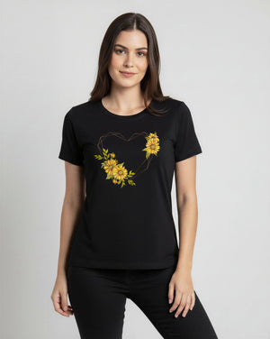 T-Shirt Coração Floral Girassol