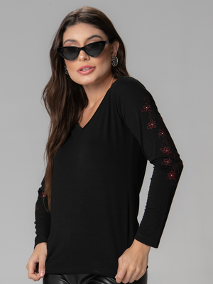 Manga Longa Bordada Margaridas com Strass