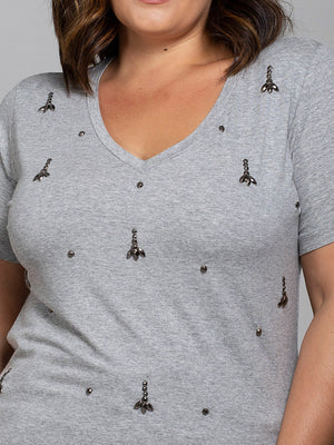 T-shirt Gotas Cristal Bordada Manual Cinza - Divina Garota