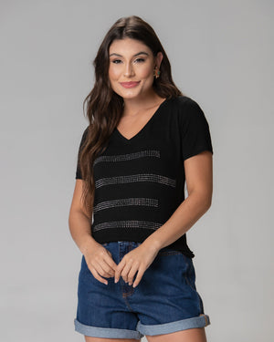 T-Shirt Listras Strass - Divina Garota