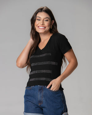 T-Shirt Listras Strass - Divina Garota