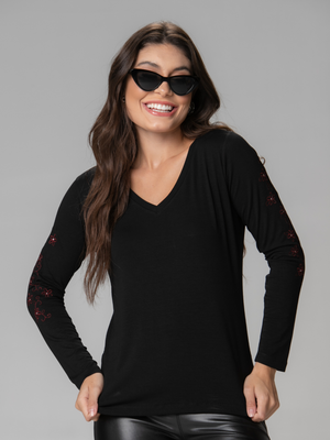 Manga Longa Bordada Margaridas com Strass