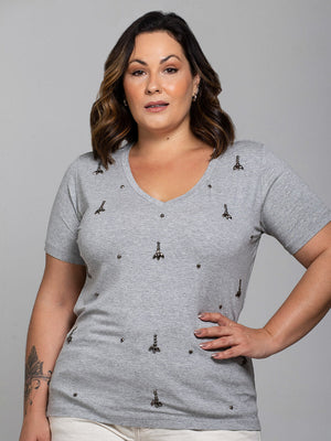 T-shirt Gotas Cristal Bordada Manual Cinza - Divina Garota