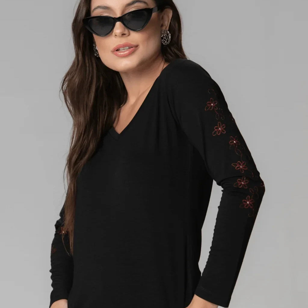 Manga Longa Bordada Margaridas com Strass - Divina Garota
