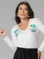 Manga Longa Decote Floral Bordado - Divina Garota