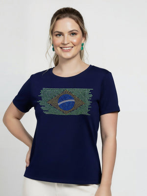 T-Shirt Bandeira Brasil Strass - Marinho - Divina Garota