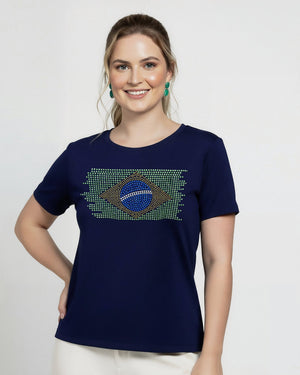 T-Shirt Bandeira Brasil Strass - Marinho - Divina Garota