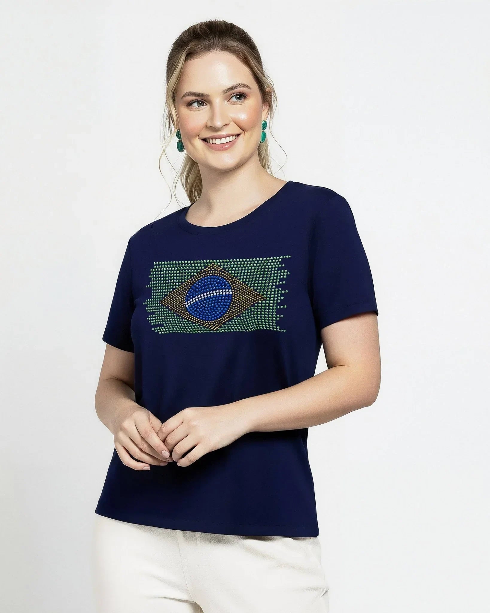 T-Shirt Bandeira Brasil Strass - Marinho - Divina Garota