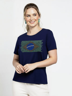 T-Shirt Bandeira Brasil Strass - Marinho - Divina Garota