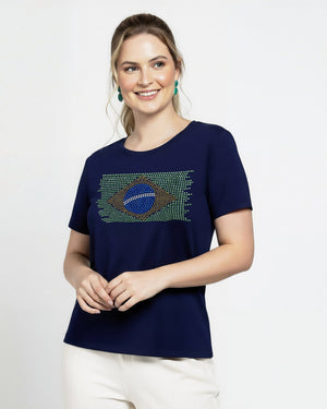 T-Shirt Bandeira Brasil Strass - Marinho - Divina Garota