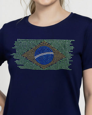 T-Shirt Bandeira Brasil Strass - Marinho - Divina Garota