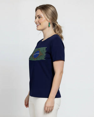 T-Shirt Bandeira Brasil Strass - Marinho - Divina Garota