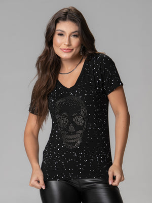 T-Shirt Caveira Poá Strass - Divina Garota