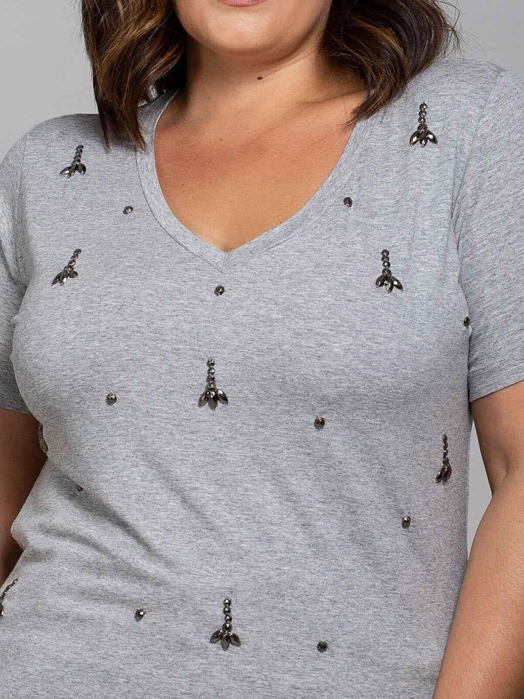 T-shirt Gotas Cristal Bordada Manual Cinza